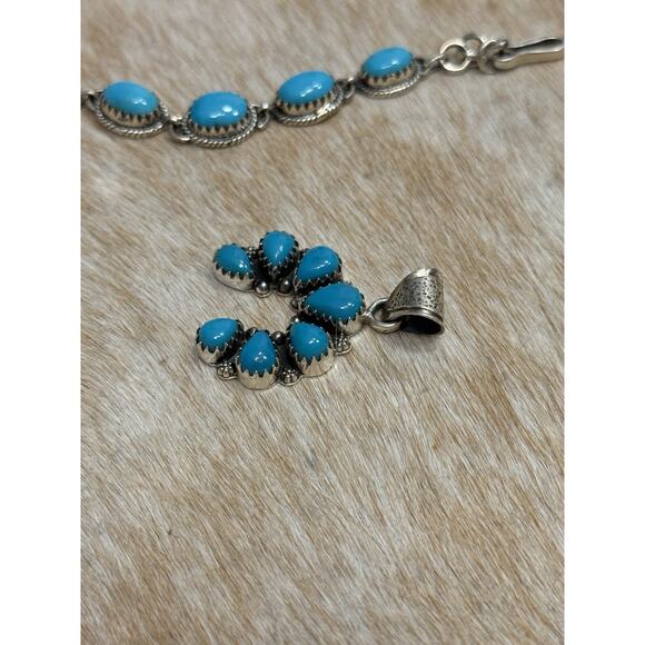 Native American SW Sterling Silver Blue Turquoise Naja Squash Blossom Pendant - Picture 4 of 8